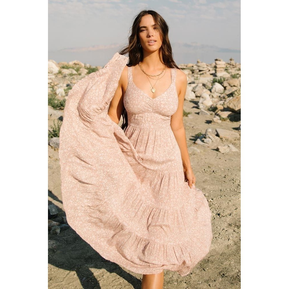 Bohme Dusty Pink Floral Tiered Cottagecore Tie Back Sleeveless Midi Dress Size S